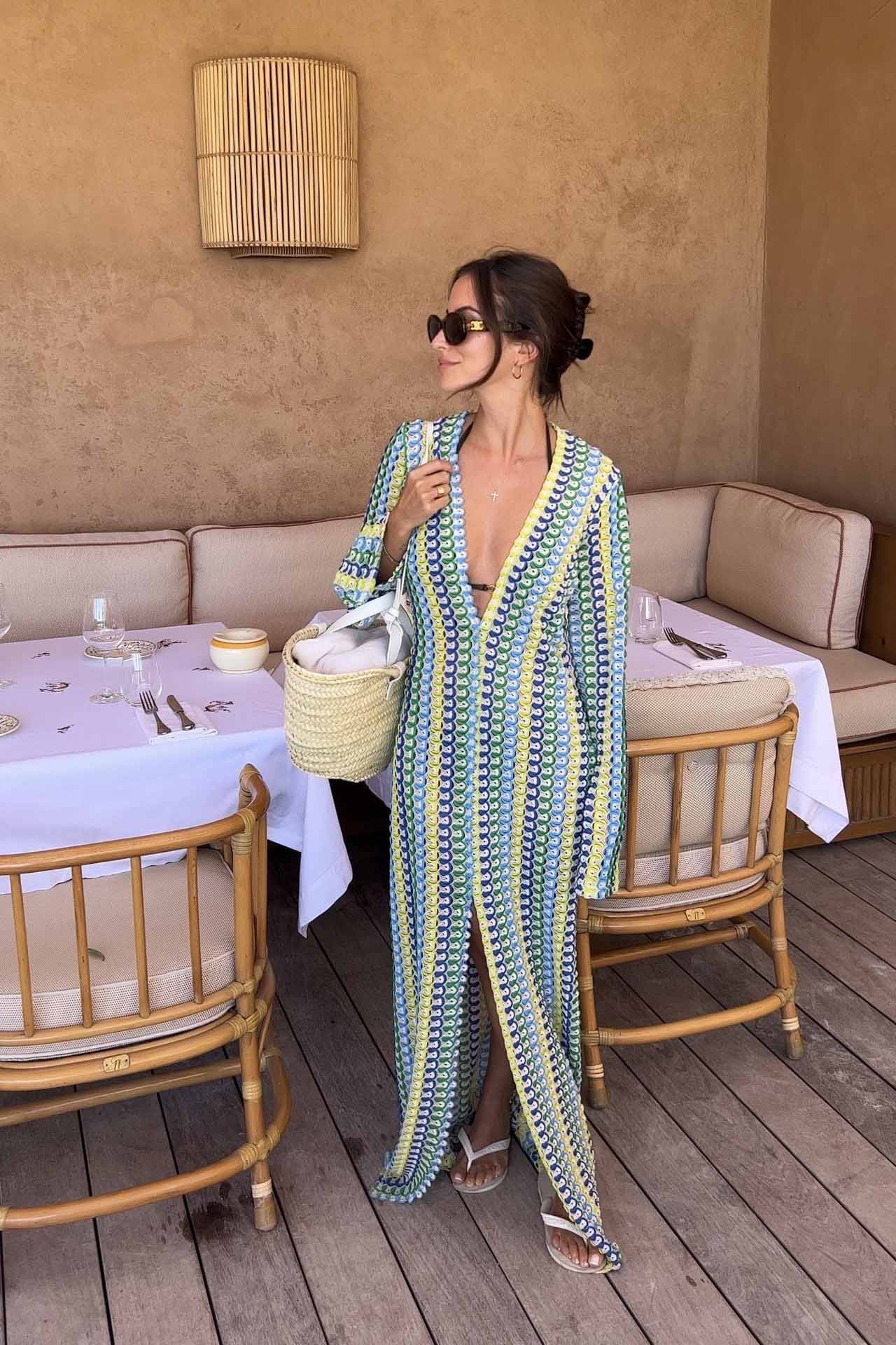 Boho V Neck Bell Sleeve Wavy Striped Crochet Beach Vacation Maxi Dress-ROVOLE