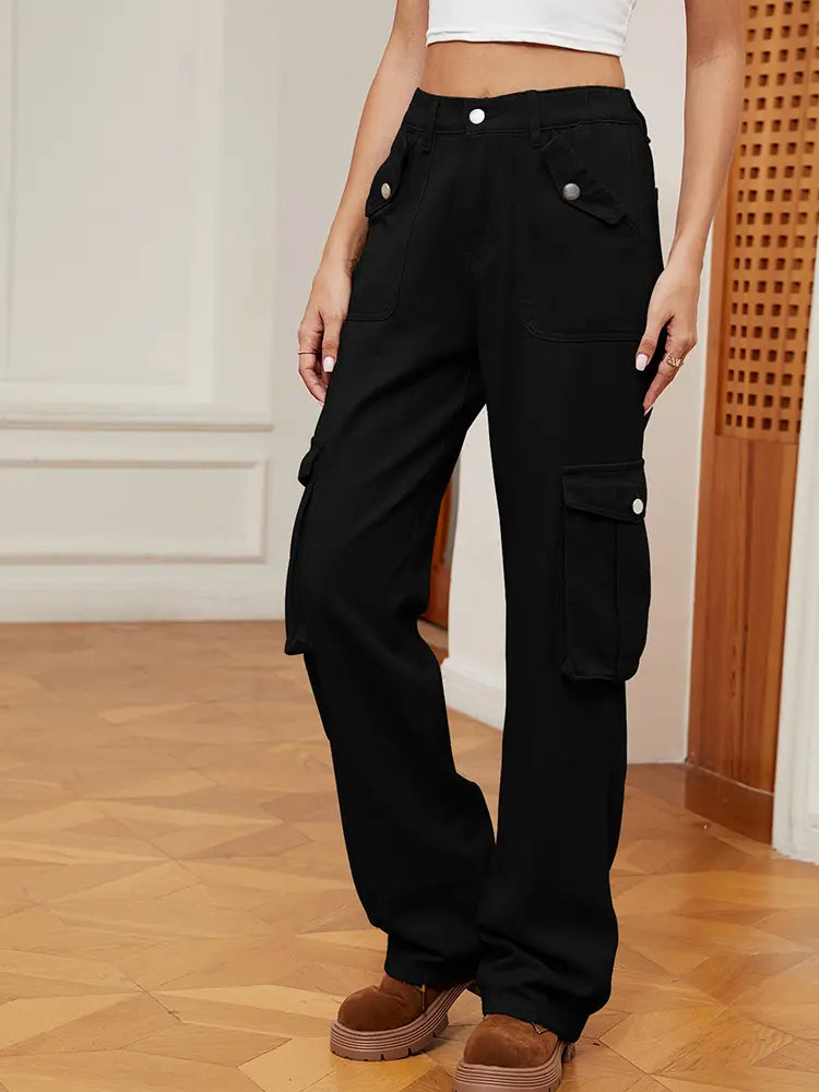 Retro Elastic Waist Denim Cargo Pants-Massicos
