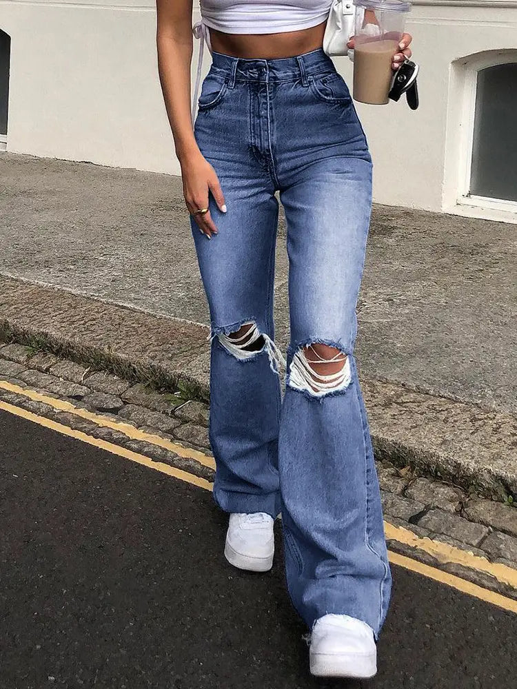 Flared Distressed Wide-Leg Jeans-Massicos
