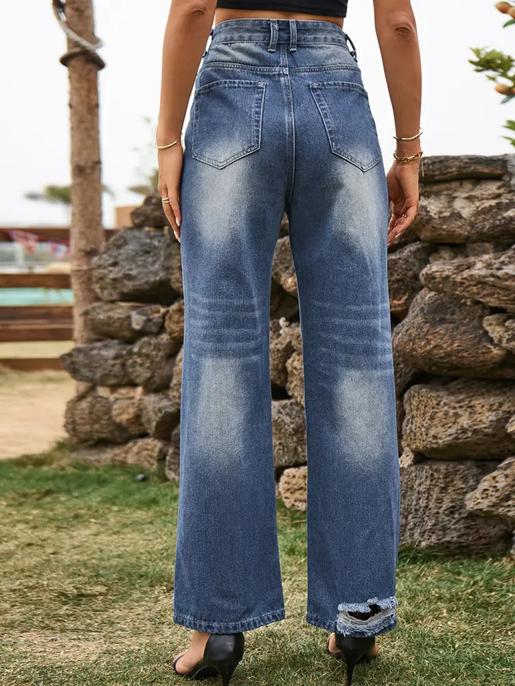 Trendy Ripped Wide-Leg High-Waist Denim Pants-Massicos