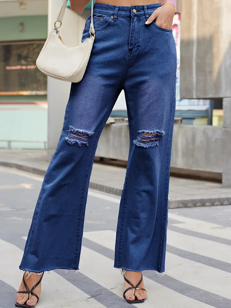 Vintage Wide-Leg Ripped Flare Jeans-Massicos