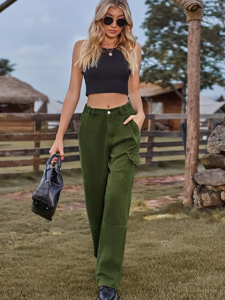 Elastic Waist Relaxed Fit Denim Cargo Pants-Massicos