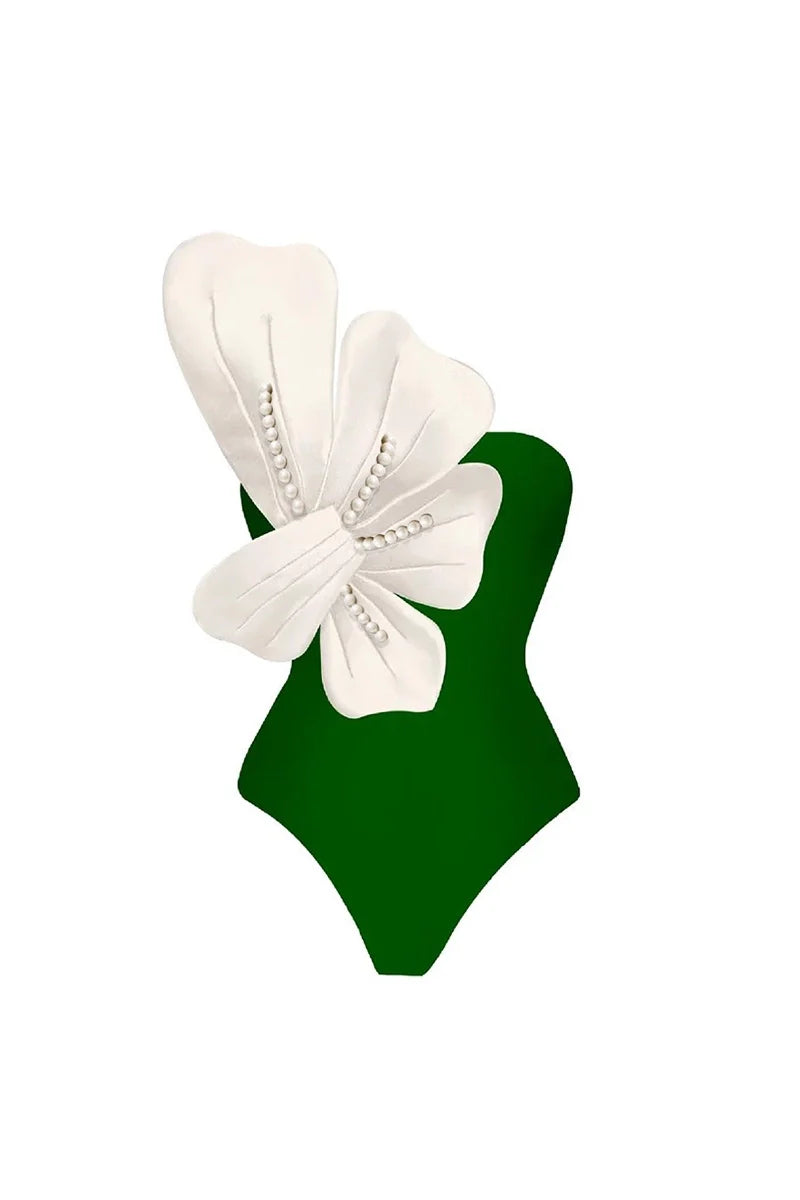 Green Swimsuit Set Pearl Floral Embellishments-ROVOLE