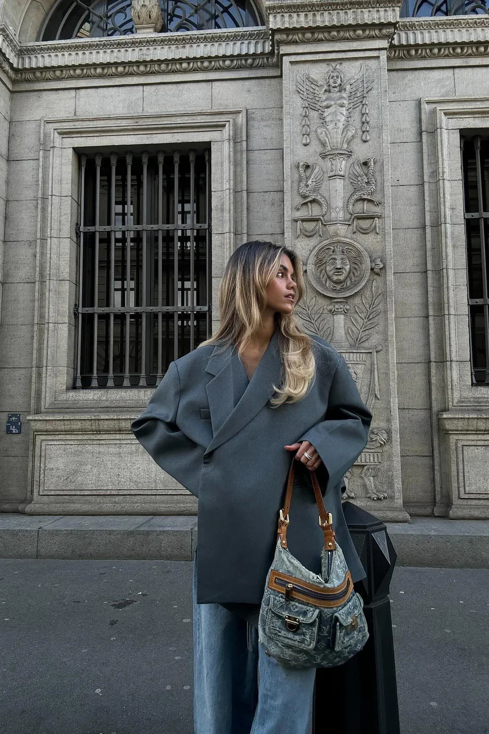 Oversized Side Slit Blazer Steel Blue-ROVOLE