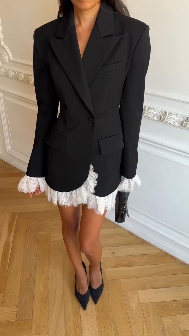 Black Blazer Dress with White Lace Trim-Massicos