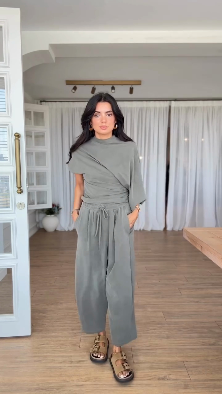 Asymmetric Top & Wide - Leg Pants Set-Massicos