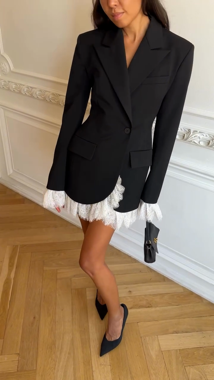 Black Blazer Dress with White Lace Trim-Massicos