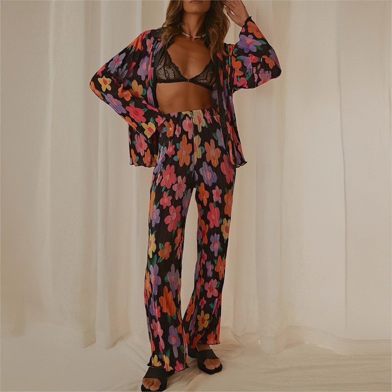 Pleated Printed Lapel Long-sleeved Shirt Pants Set-Massicos