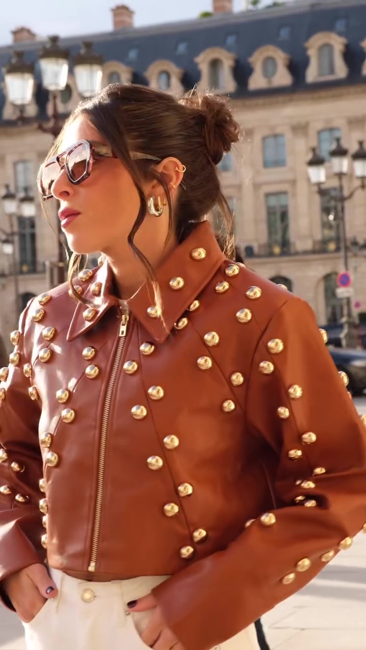 Designer gold studded leather jacket-Massicos