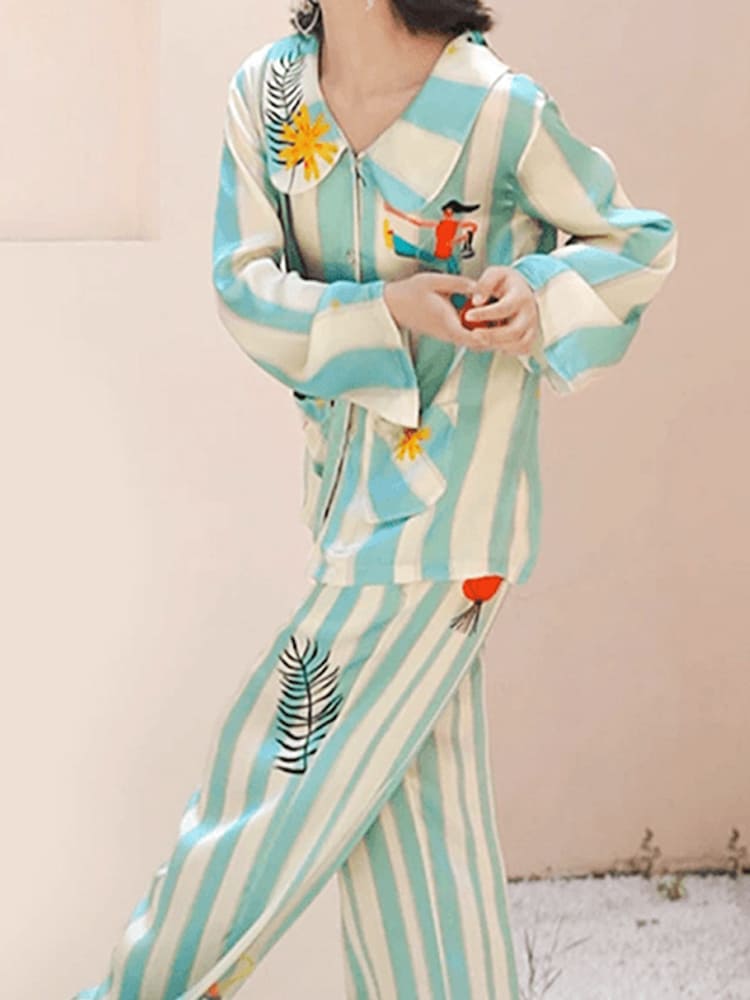 Homewear - Printed Ice Silk Long Sleeve Pajama Set-Massicos
