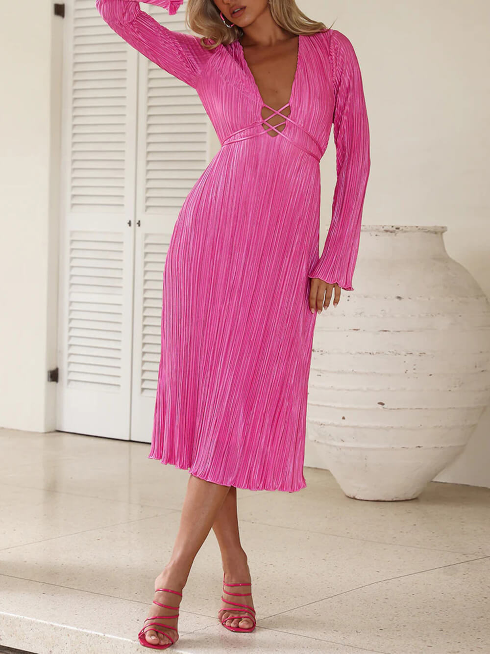 Mountain Vistas Draped Pleated Bell-Sleeve Midi Dress-Massicos