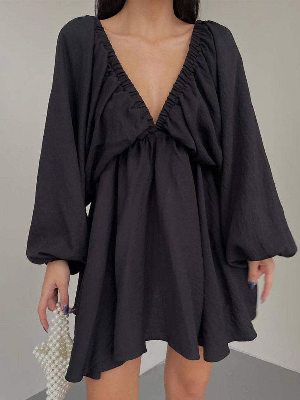 Woven Plunge Skater Mini Dress-Massicos