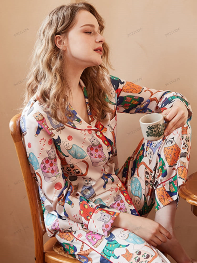 Cute Cat Print Ice Silk Long-Sleeve Pajama Set-Massicos