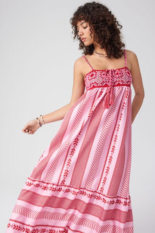 Naomi Printed Embroidered Lace Up Cami Midi Dress-ROVOLE