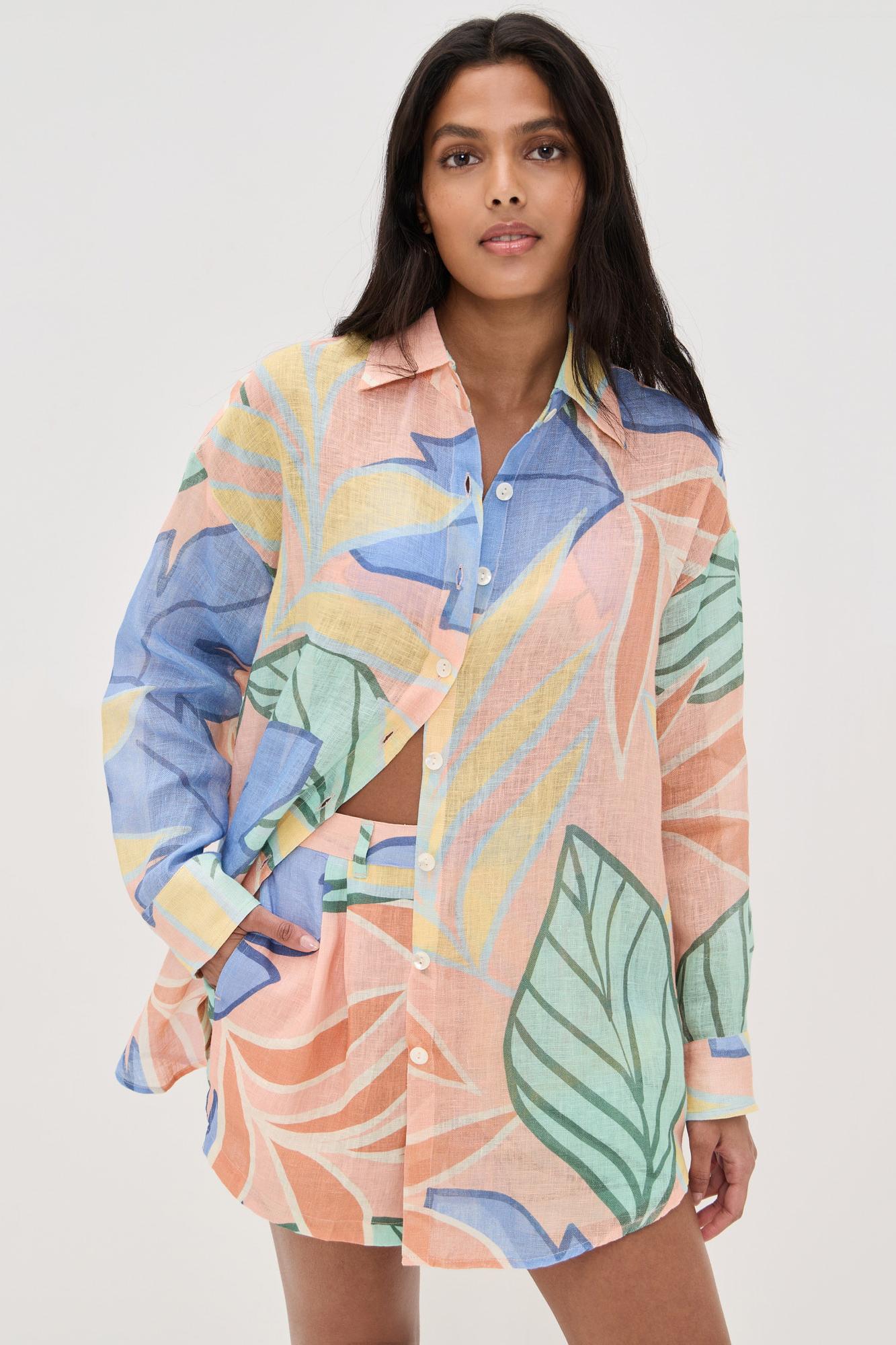 Playa Boyfriend Tropical Leaf Printed Short Set-ROVOLE