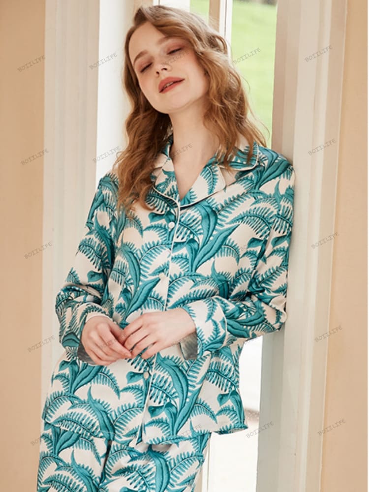Mimosa Pattern Ice Silk Long Sleeve Casual Wear Set-Massicos