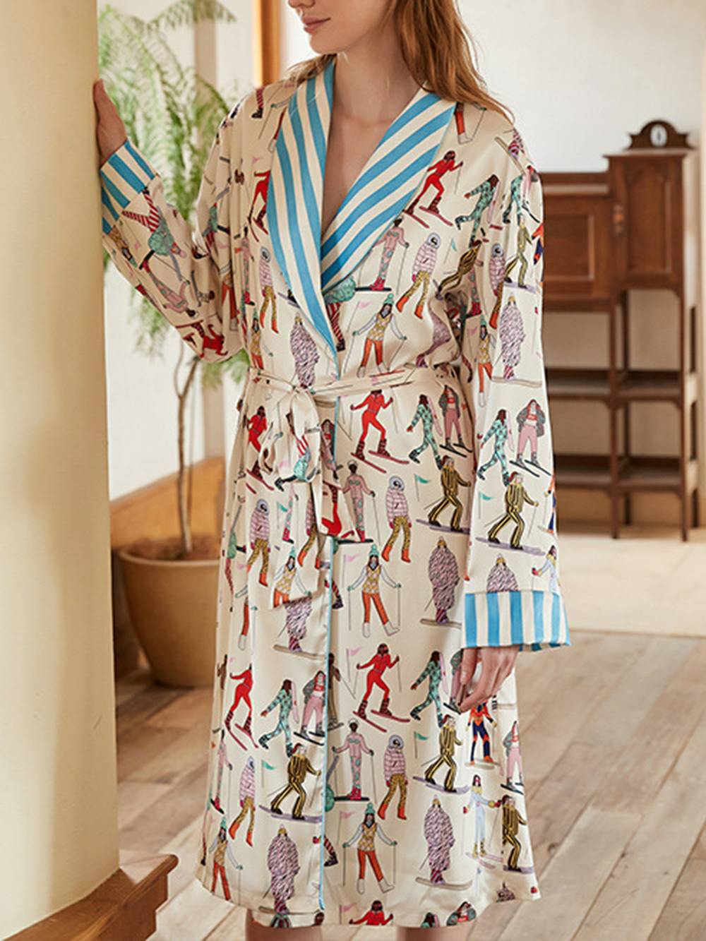 Ski Sports Print Silk Robe Set-Massicos