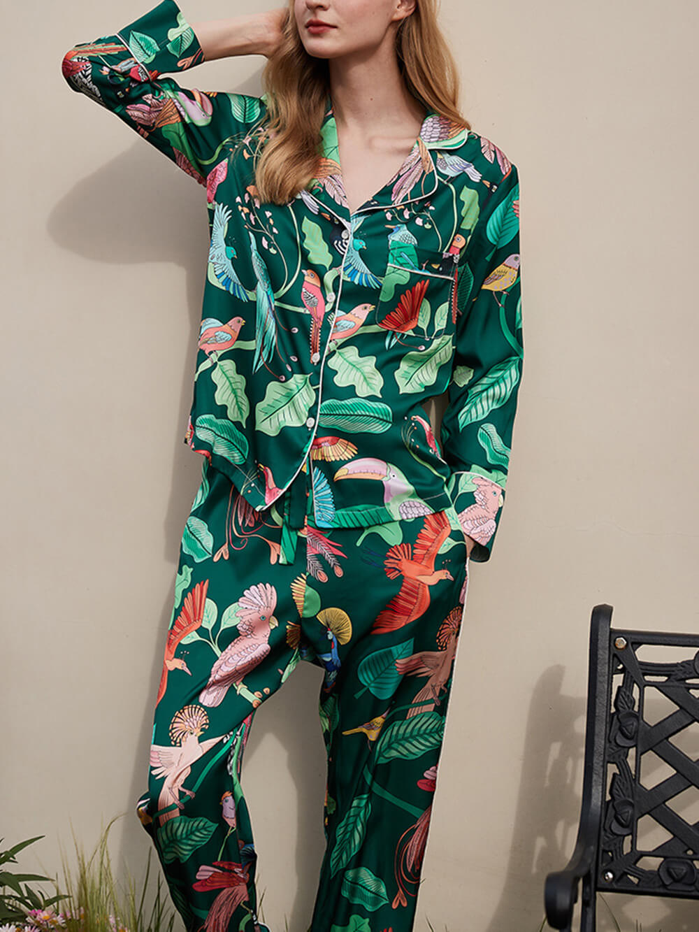 Green Parrot Print Silk Pajama Set-Massicos