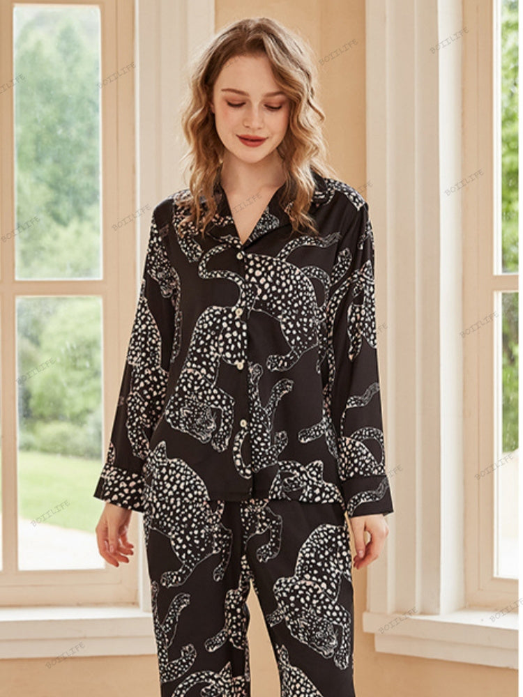 Black Jaguar Print Silk Ice Long-Sleeve Pajama Set-Massicos