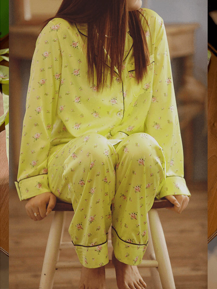Fluorescent Green Floral Long Sleeve Pajama Set-Massicos