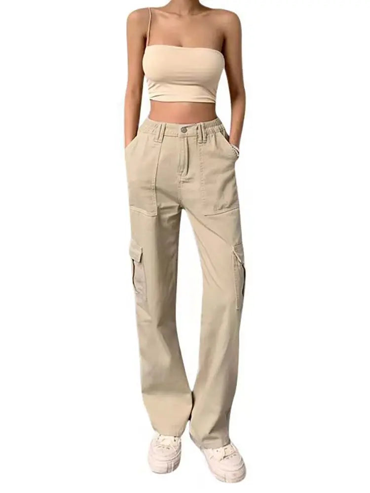 High-Waist Slim Cargo Pants-Massicos