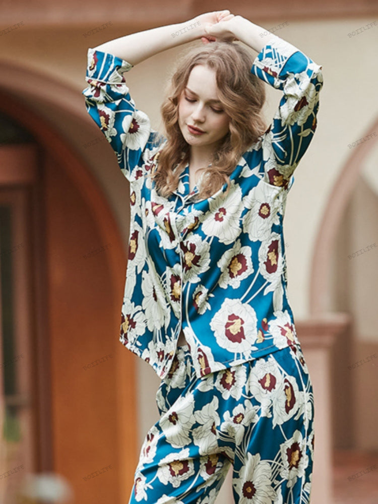 Blue Floral Pattern Ice Silk Long Sleeve Loungewear Set-Massicos