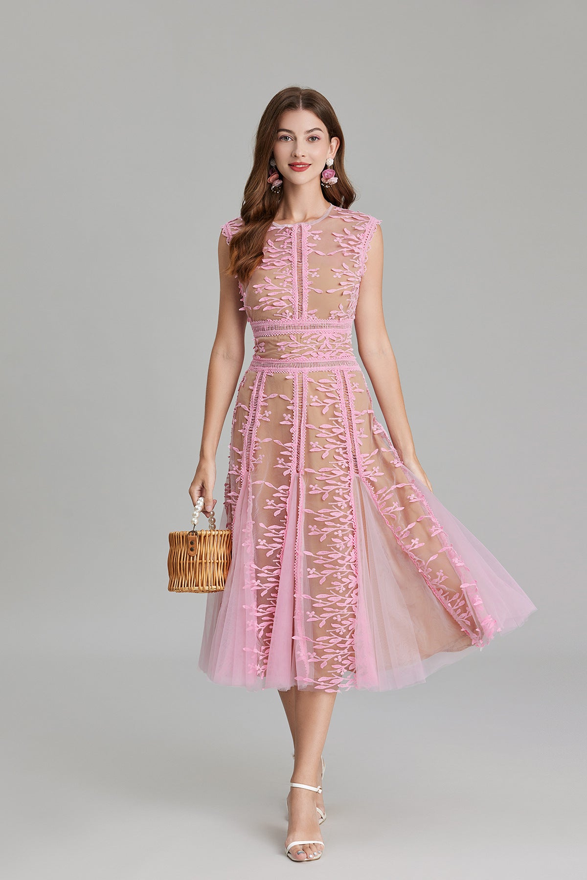 Maëlle Round Neck Mesh Embroidered Midi Dress In Beige-ROVOLE
