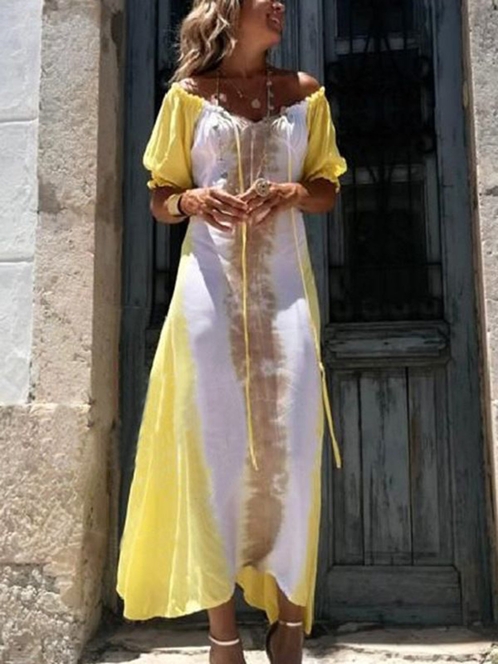 Yellow Tie Dye V-Neck Drawstring Maxi Dress-Massicos