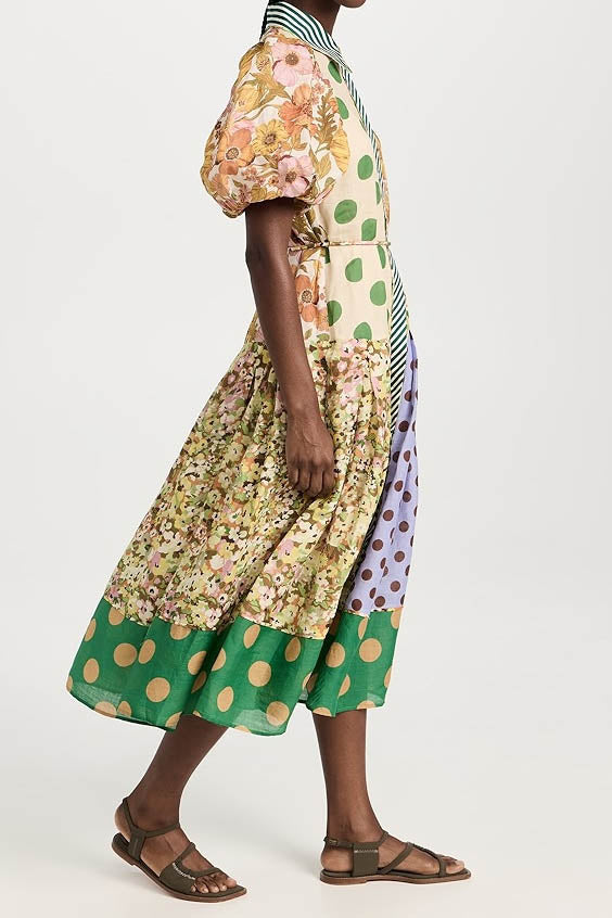 Green Muse Spliced Print Dress-ROVOLE