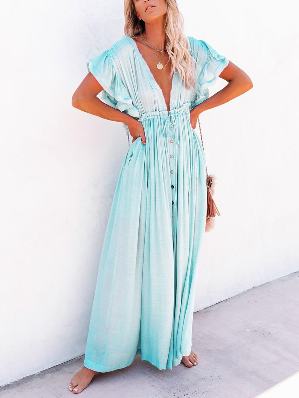 Button Cotton Linen Perfect Beach Boho Maxi Dress-Massicos