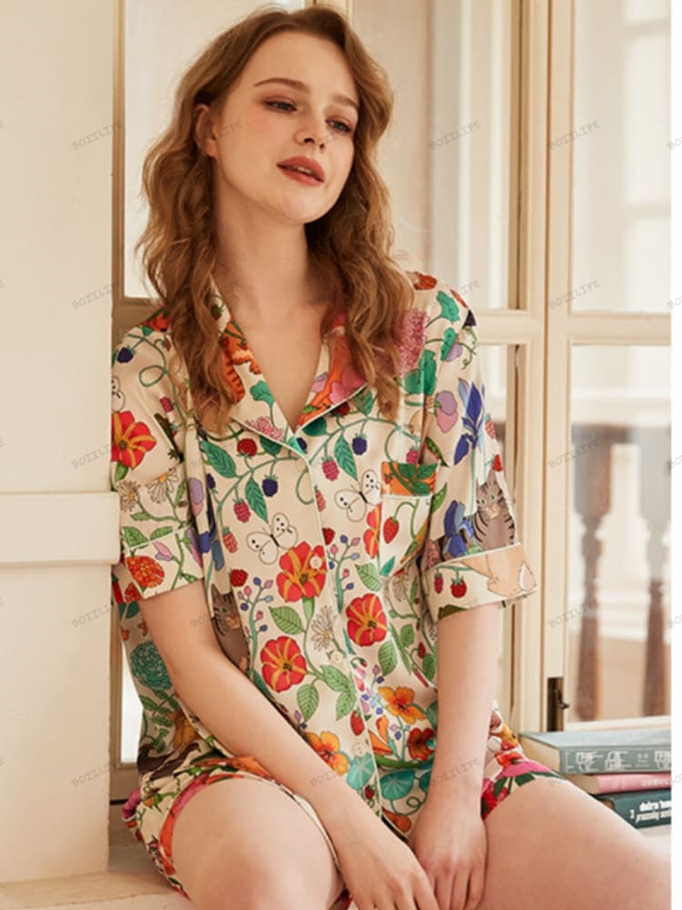 White Forest Garden Print Ice Silk Short Loungewear Set-Massicos