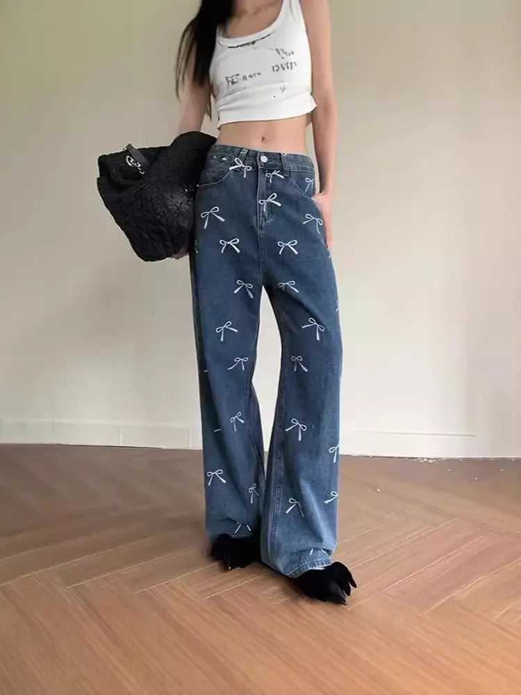 Bow Print Denim Pants-Massicos