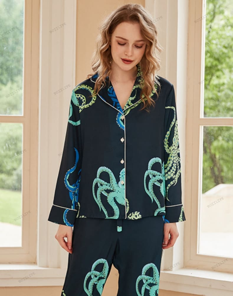 Octopus Print Ice Silk Long-Sleeve Pajama Loungewear Set-Massicos