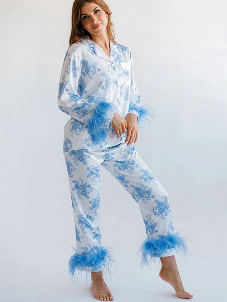 Blue Floral Print Satin Pajama Set-Massicos