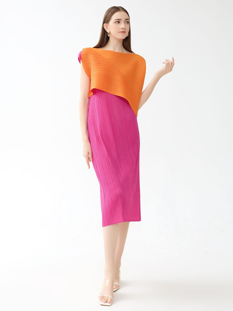 Round Neck Pleated Color Block Midi Dress-Massicos