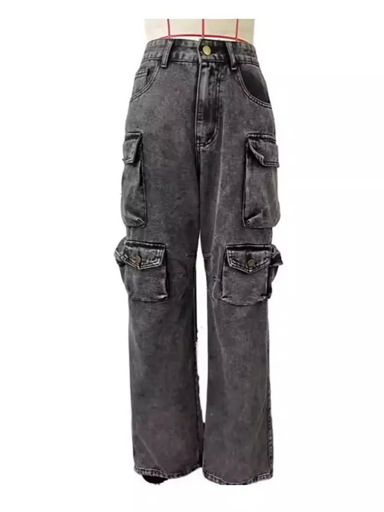 High-Waisted Cargo Jeans Trousers-Massicos
