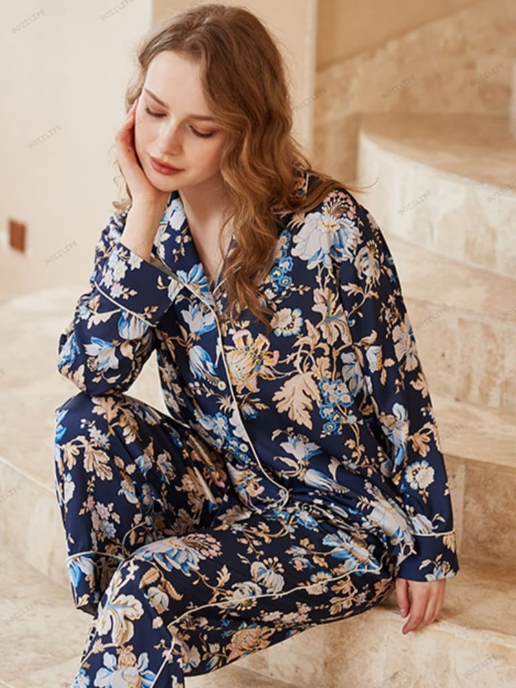 Begonia Flower Print Long-Sleeve Pajama Loungewear Set-Massicos