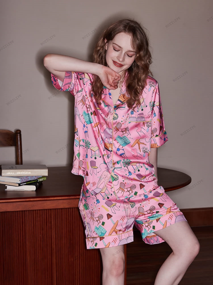 Elephant and Furniture Print Ice Silk Short-Sleeve Loungewear Set-Massicos