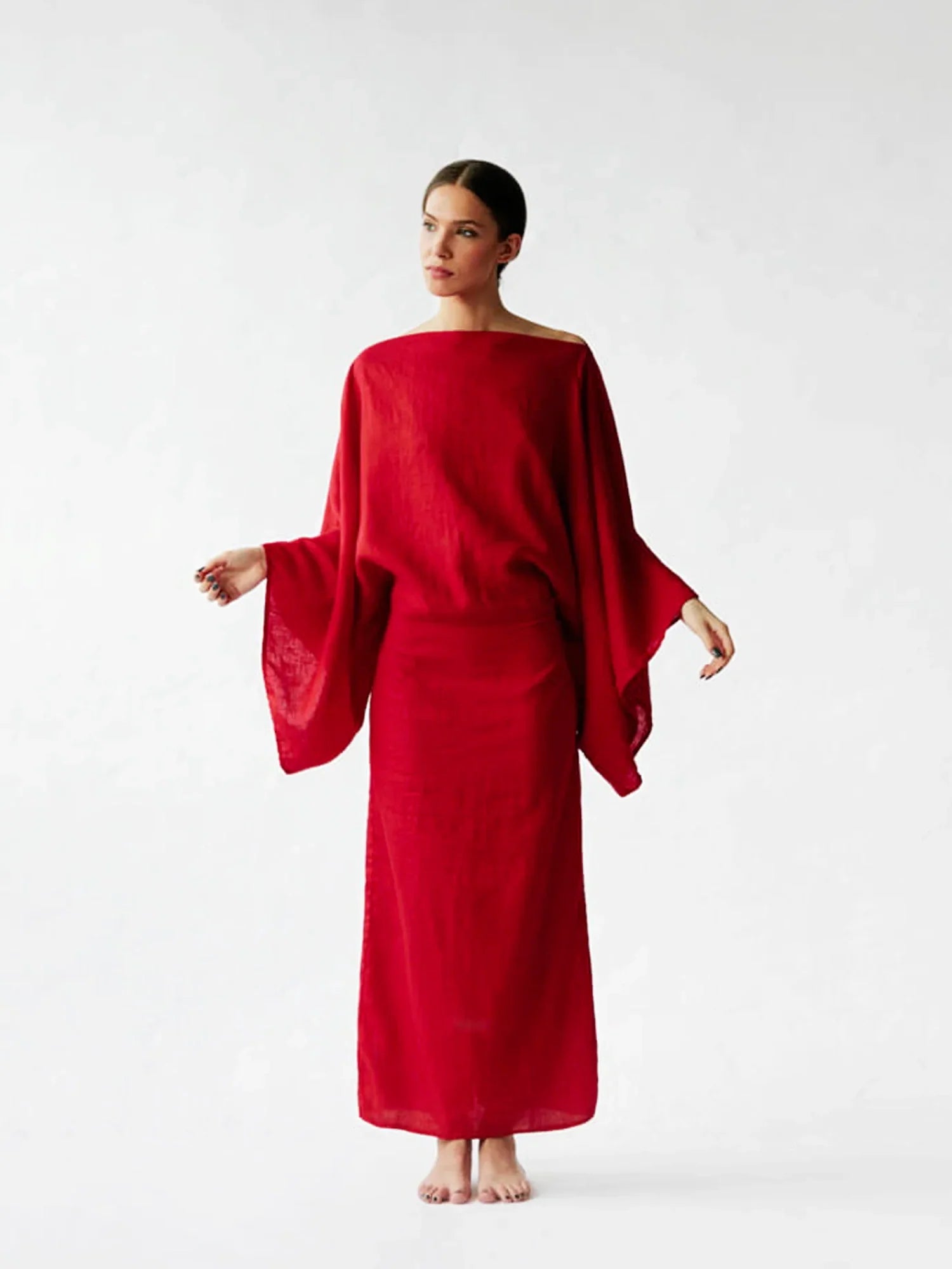 Crimson Linen Breeze Kimono Dress-Massicos