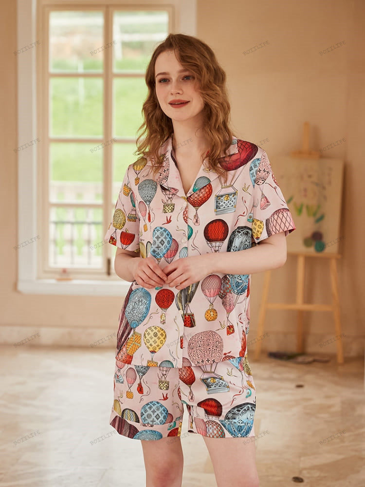 Hot Air Balloon Print Ice Silk Open-Front Short-Sleeve Pajama Set-Massicos