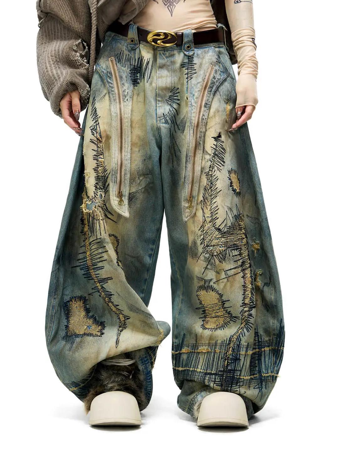 Plato-Dyed Embroidered Scimitar Jeans-Massicos