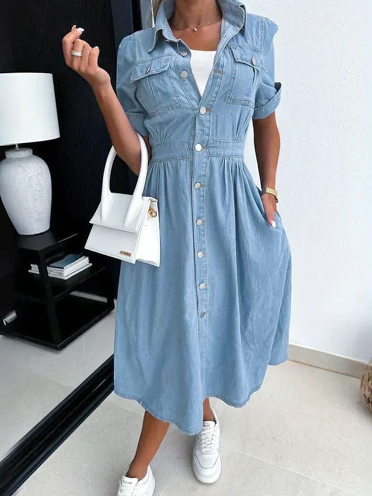 Collar Buttoned Slim Fit Denim Dress-Massicos