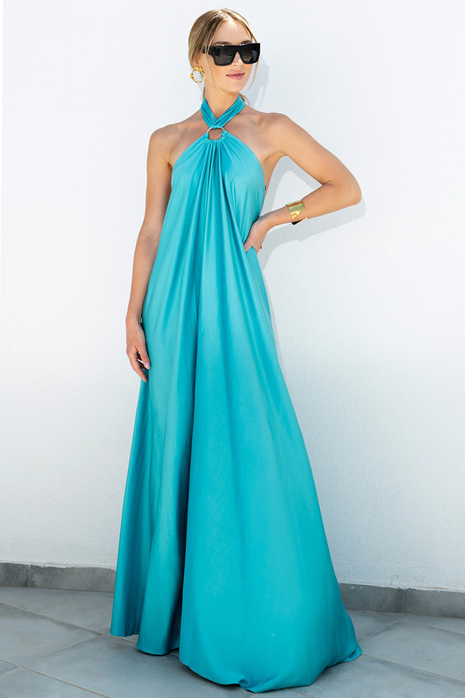 Satin  Elegant Maxi long Dress: Backless Halter Neck-Massicos
