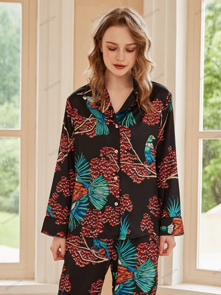 Bird of Paradise Pattern Ice Silk Long Sleeve Pajama Set-Massicos