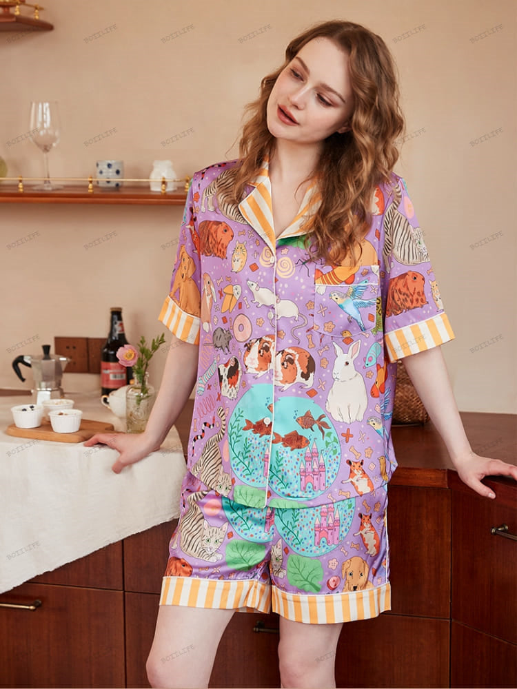 Guinea Pig and Fish Print Ice Silk Short-Sleeve Loungewear Set-Massicos