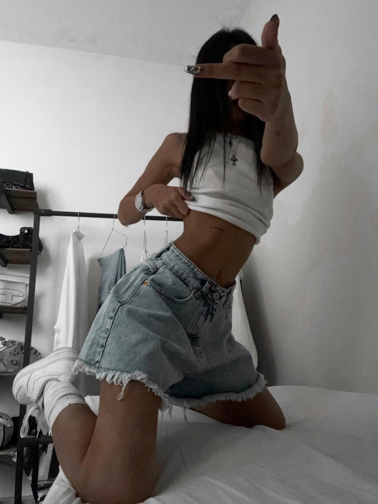 High-Waisted Straight-Leg Denim Shorts-Massicos