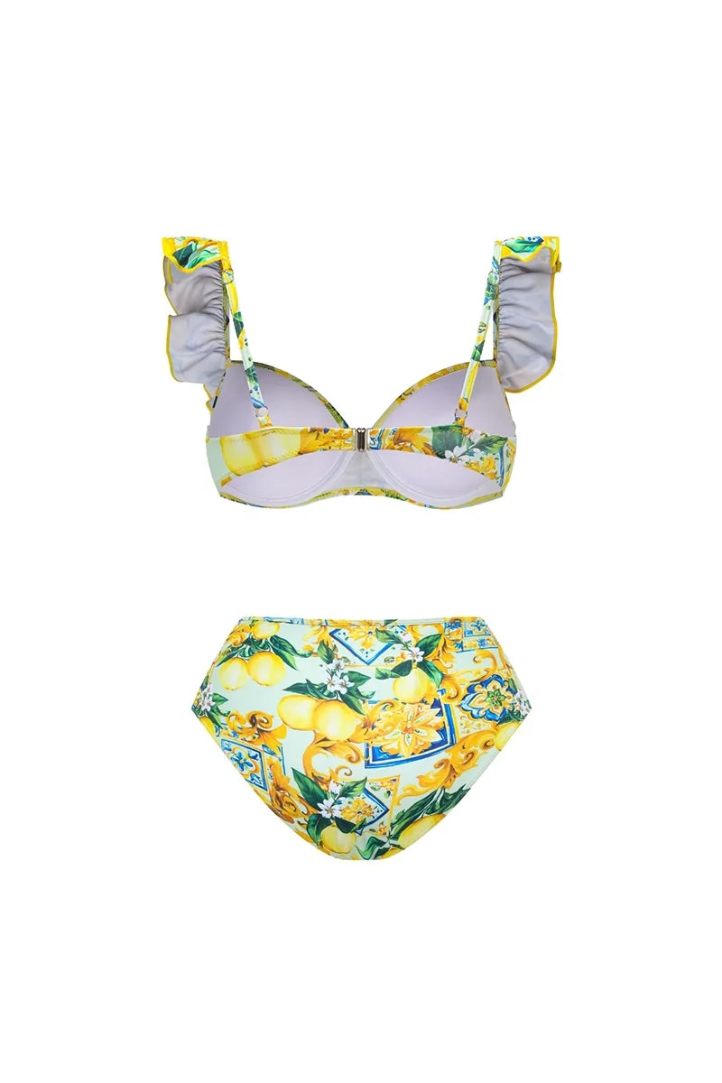 Lemon Print Ruffle Bikini Set-ROVOLE