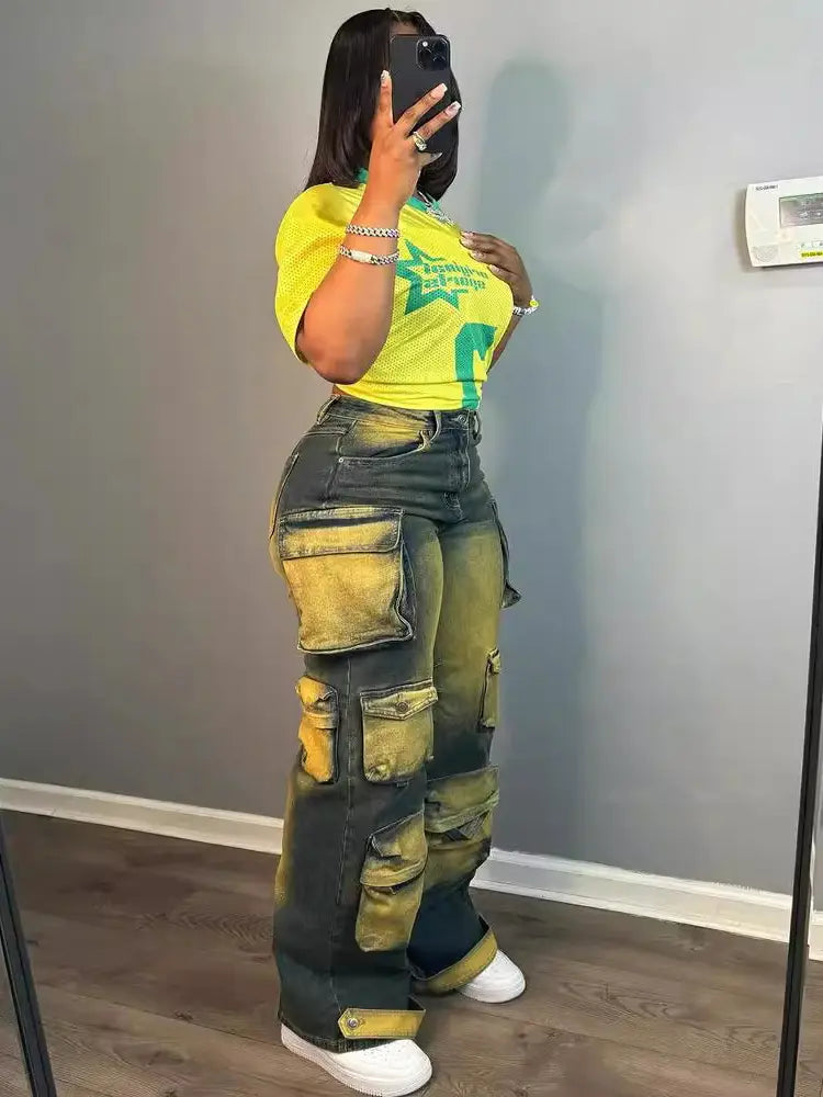 Trendy High-Waisted Cargo Jeans-Massicos