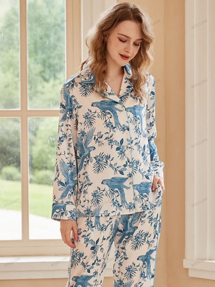 Parrot Print Ice Silk Long-Sleeve Pajama Loungewear Set-Massicos