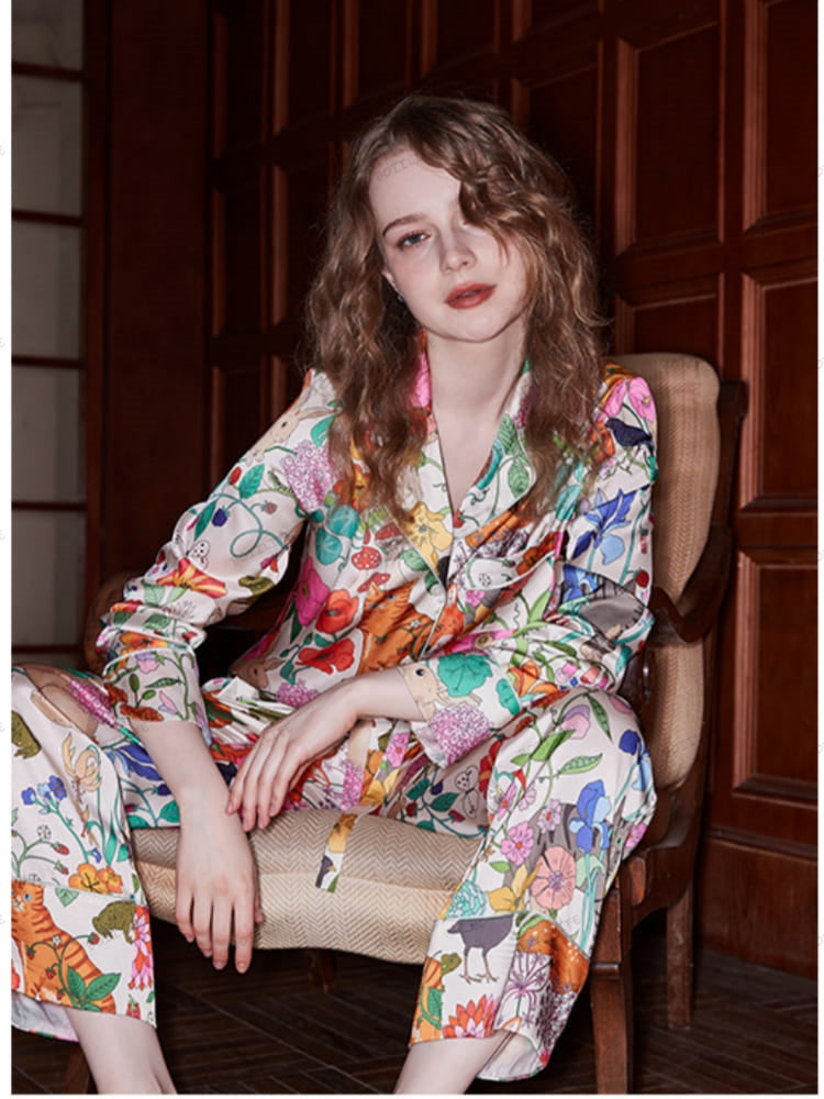 White Forest Garden Print Ice Silk Long-Sleeve Loungewear Set-Massicos